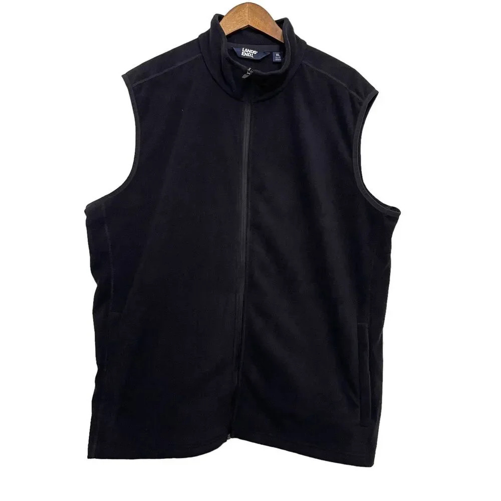 Lands‎ End Fleece Vest Mens XL Black Full Zip Mock Neck Sleeveless Gorpcore Fall